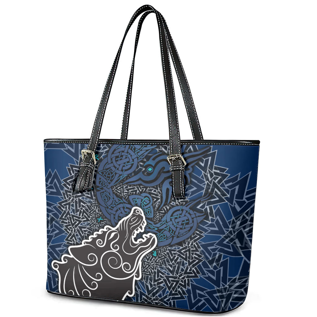Viking Wolf and Valknut Leather Tote Bag Nordic Knotwork Rune Illustration
