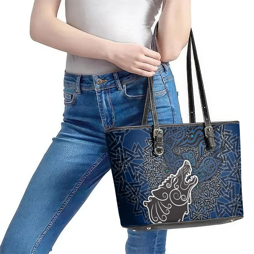 Viking Wolf and Valknut Leather Tote Bag Nordic Knotwork Rune Illustration