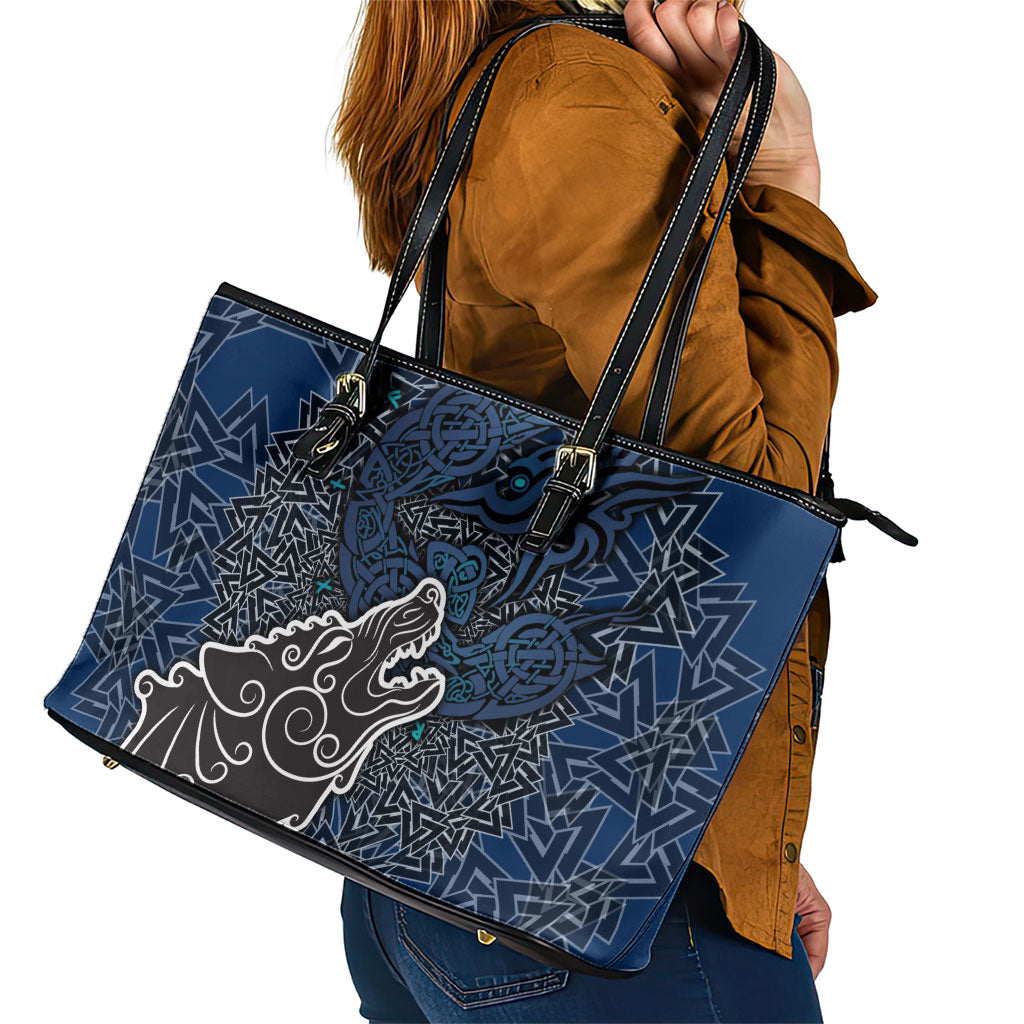 Viking Wolf and Valknut Leather Tote Bag Nordic Knotwork Rune Illustration
