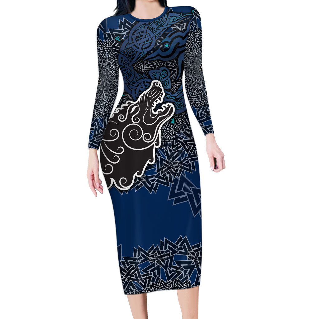Viking Wolf and Valknut Long Sleeve Bodycon Dress Nordic Knotwork Rune Illustration