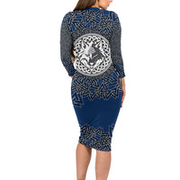 Viking Wolf and Valknut Long Sleeve Bodycon Dress Nordic Knotwork Rune Illustration