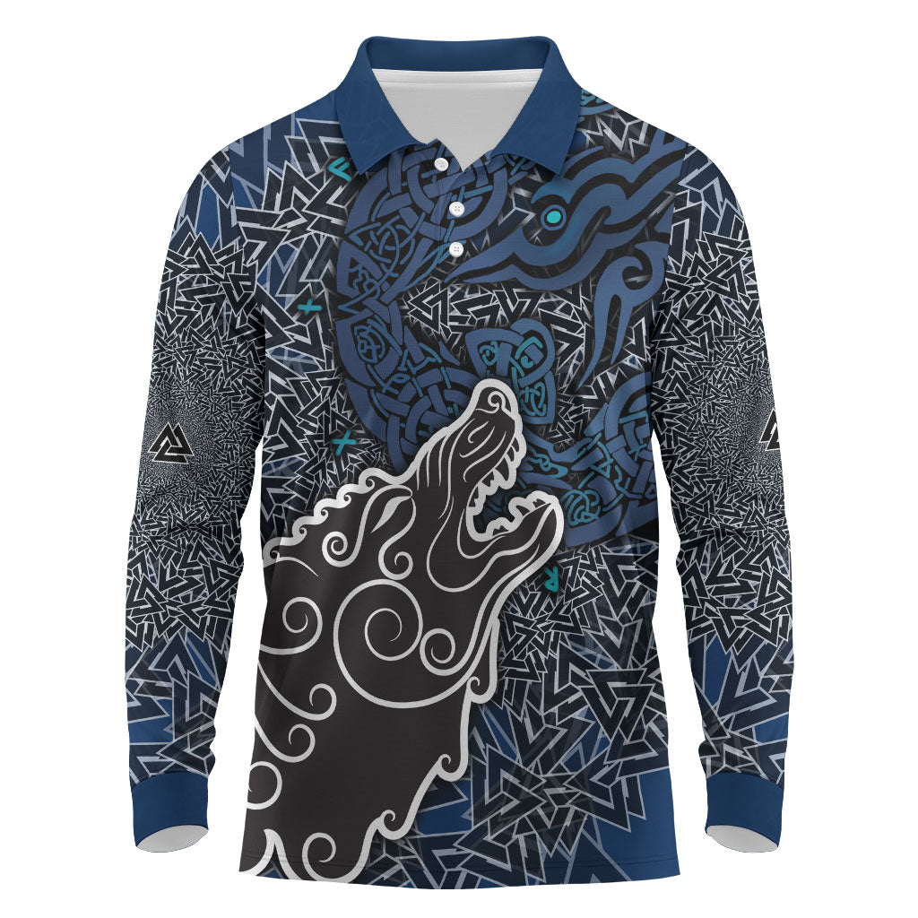 Viking Wolf and Valknut Long Sleeve Polo Shirt Nordic Knotwork Rune Illustration
