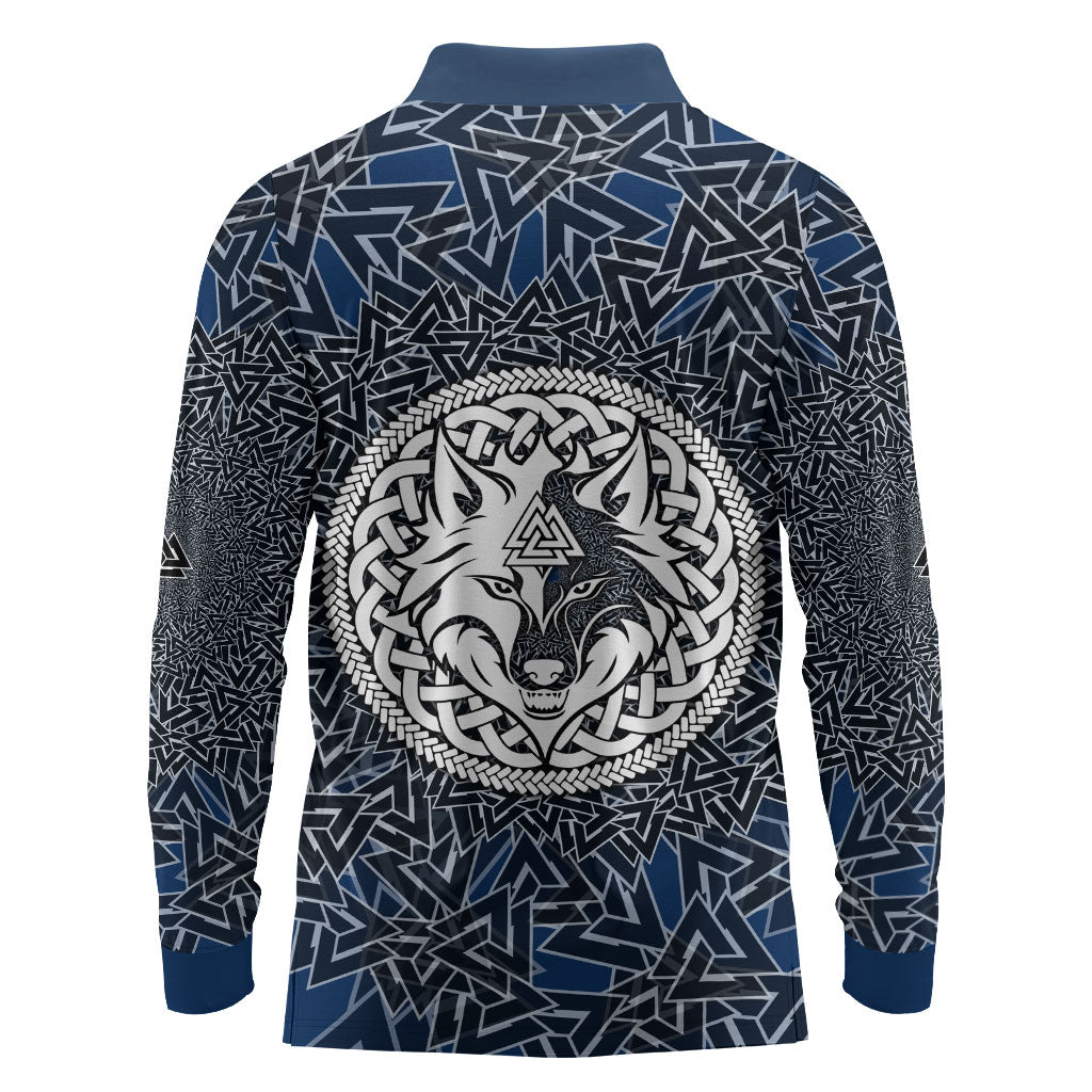 Viking Wolf and Valknut Long Sleeve Polo Shirt Nordic Knotwork Rune Illustration