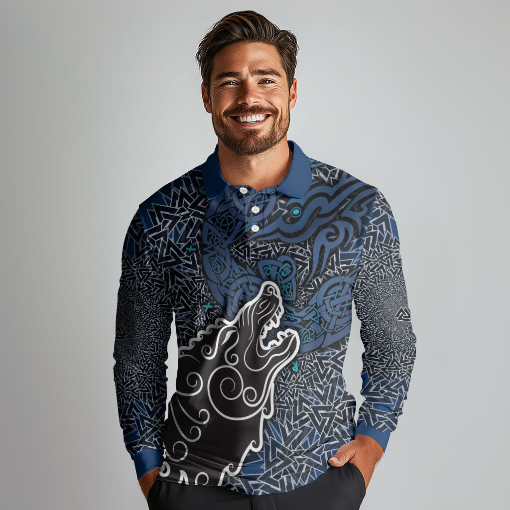 Viking Wolf and Valknut Long Sleeve Polo Shirt Nordic Knotwork Rune Illustration