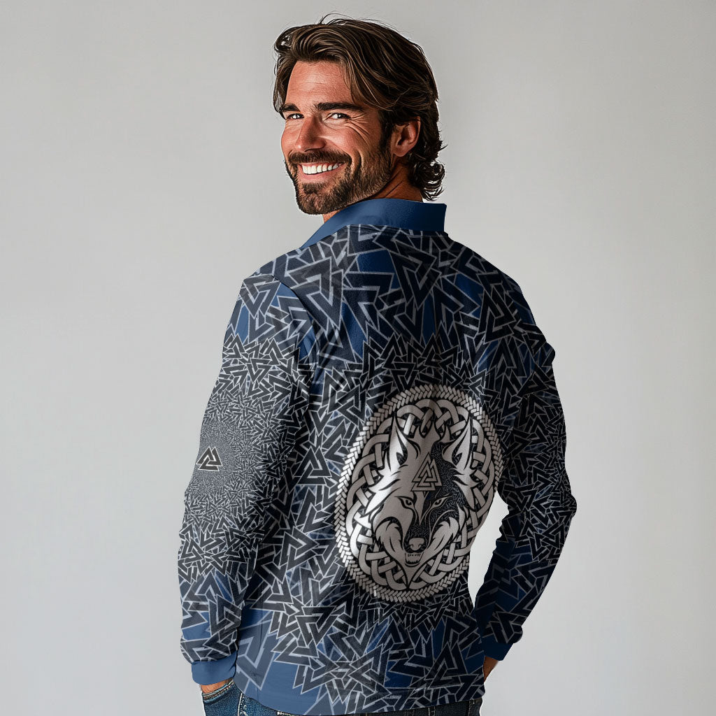 Viking Wolf and Valknut Long Sleeve Polo Shirt Nordic Knotwork Rune Illustration
