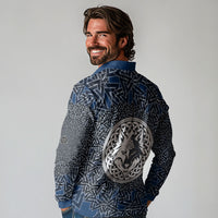 Viking Wolf and Valknut Long Sleeve Polo Shirt Nordic Knotwork Rune Illustration
