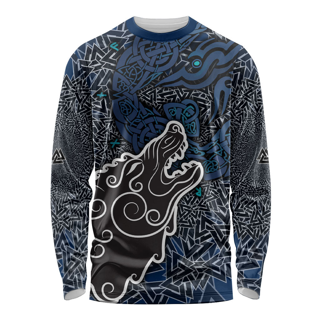 Viking Wolf and Valknut Long Sleeve Shirt Nordic Knotwork Rune Illustration