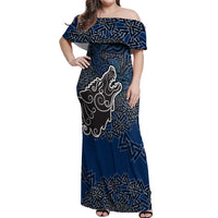 Viking Wolf and Valknut Off Shoulder Maxi Dress Nordic Knotwork Rune Illustration