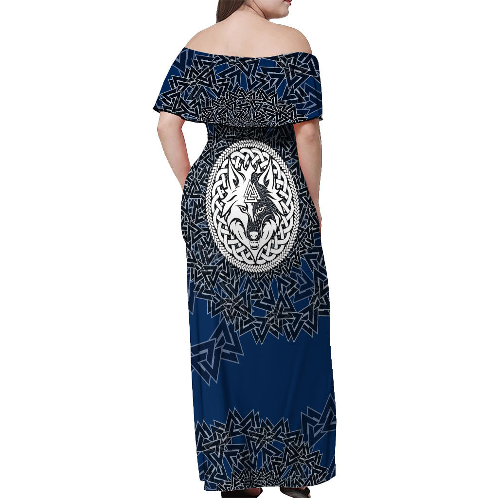 Viking Wolf and Valknut Off Shoulder Maxi Dress Nordic Knotwork Rune Illustration
