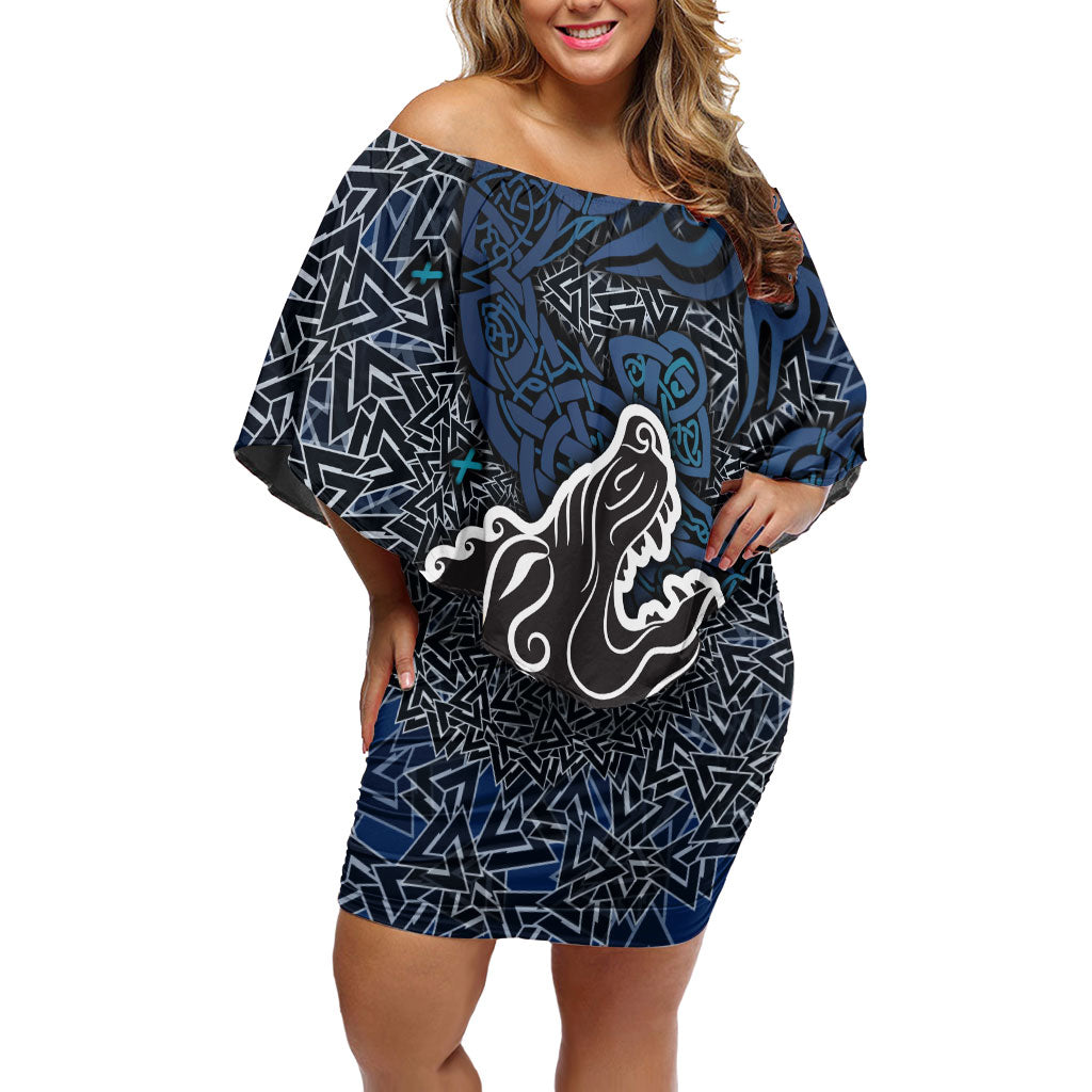 Viking Wolf and Valknut Off Shoulder Short Dress Nordic Knotwork Rune Illustration