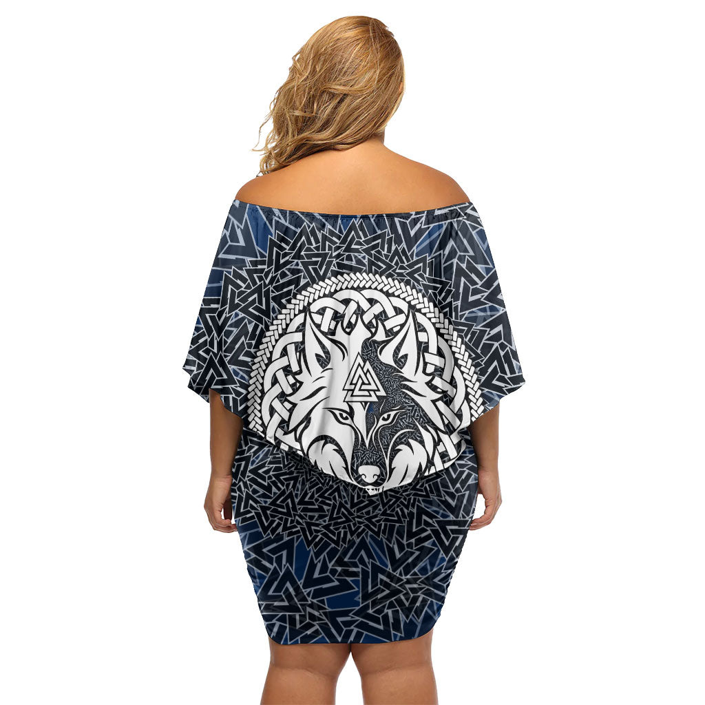 Viking Wolf and Valknut Off Shoulder Short Dress Nordic Knotwork Rune Illustration