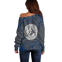 Viking Wolf and Valknut Off Shoulder Sweater Nordic Knotwork Rune Illustration