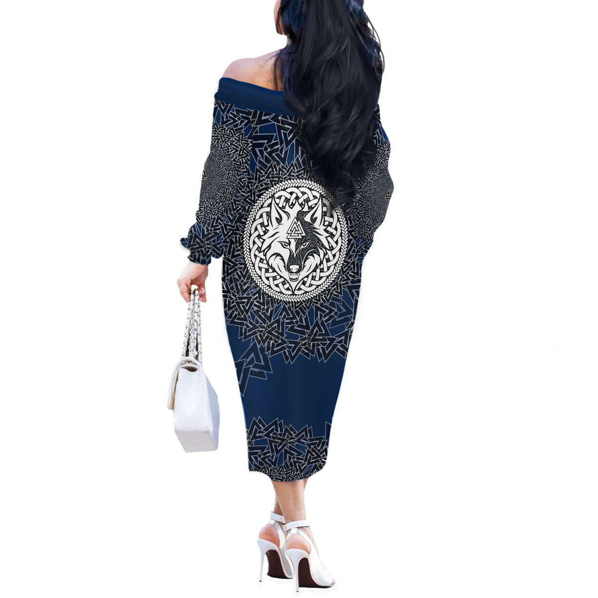 Viking Wolf and Valknut Off The Shoulder Long Sleeve Dress Nordic Knotwork Rune Illustration