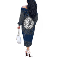 Viking Wolf and Valknut Off The Shoulder Long Sleeve Dress Nordic Knotwork Rune Illustration