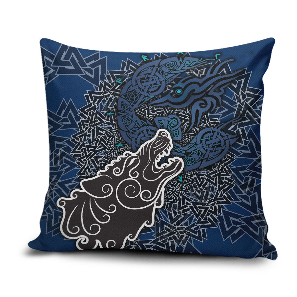 Viking Wolf and Valknut Pillow Cover Nordic Knotwork Rune Illustration