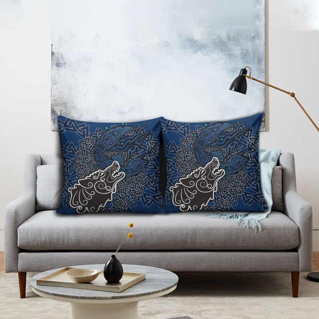Viking Wolf and Valknut Pillow Cover Nordic Knotwork Rune Illustration