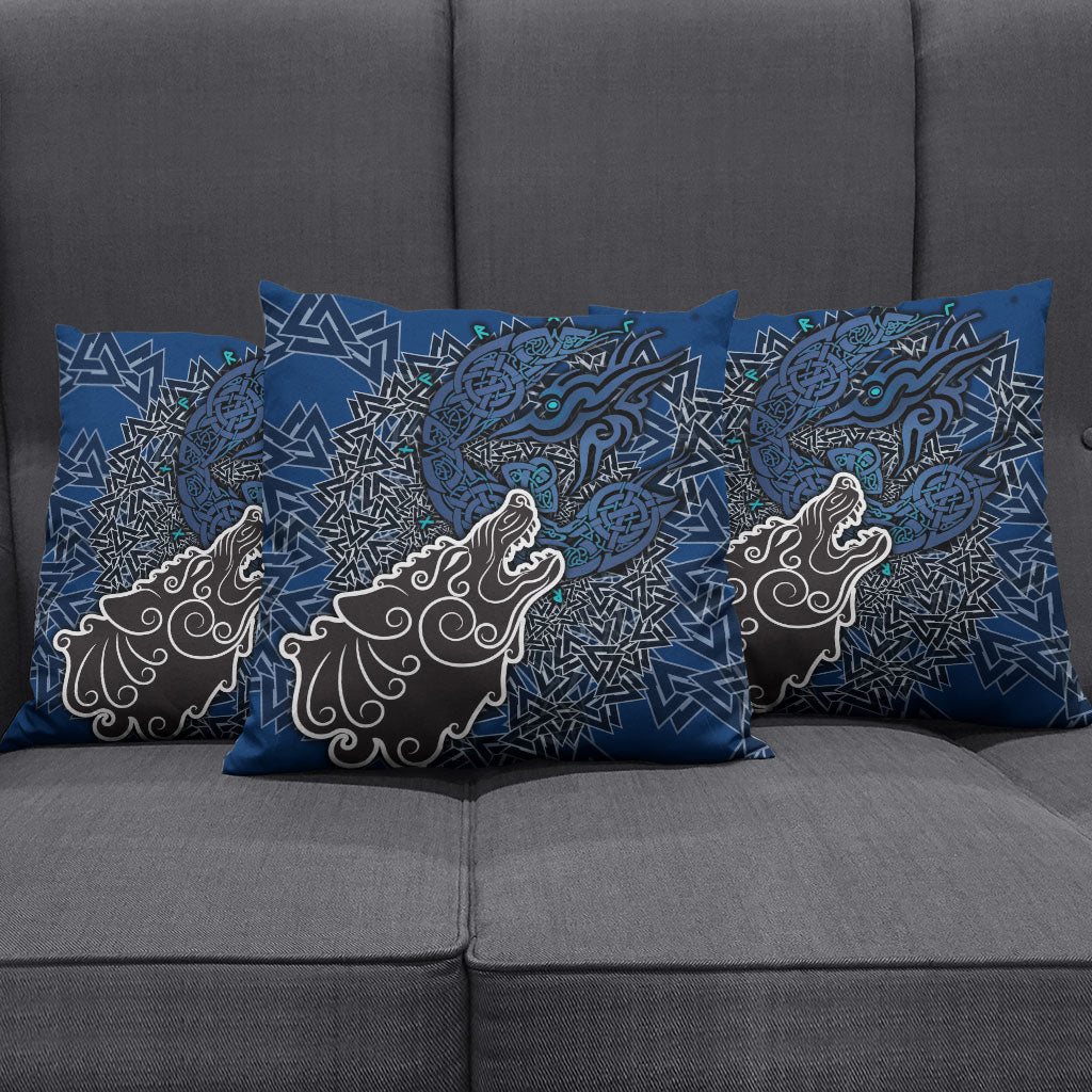 Viking Wolf and Valknut Pillow Cover Nordic Knotwork Rune Illustration