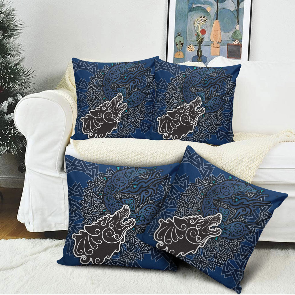 Viking Wolf and Valknut Pillow Cover Nordic Knotwork Rune Illustration