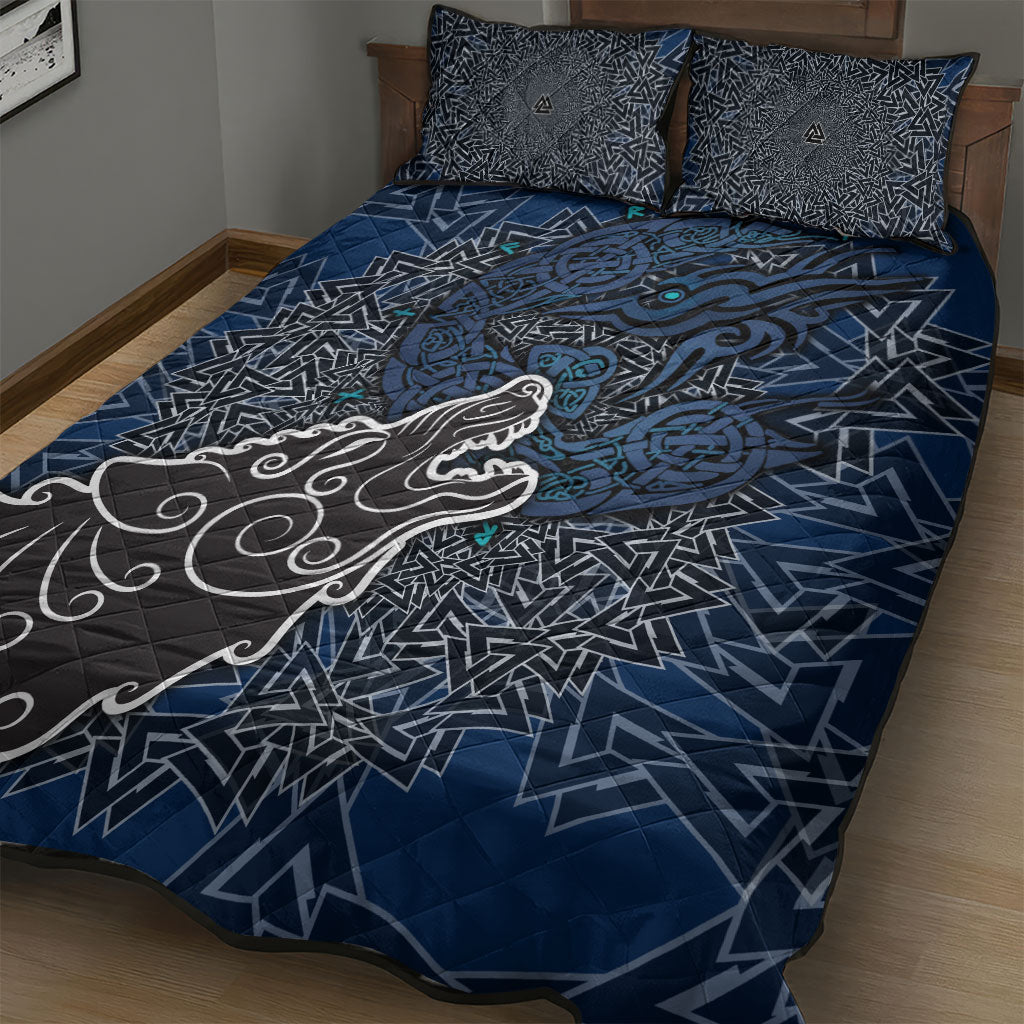 Viking Wolf and Valknut Quilt Bed Set Nordic Knotwork Rune Illustration