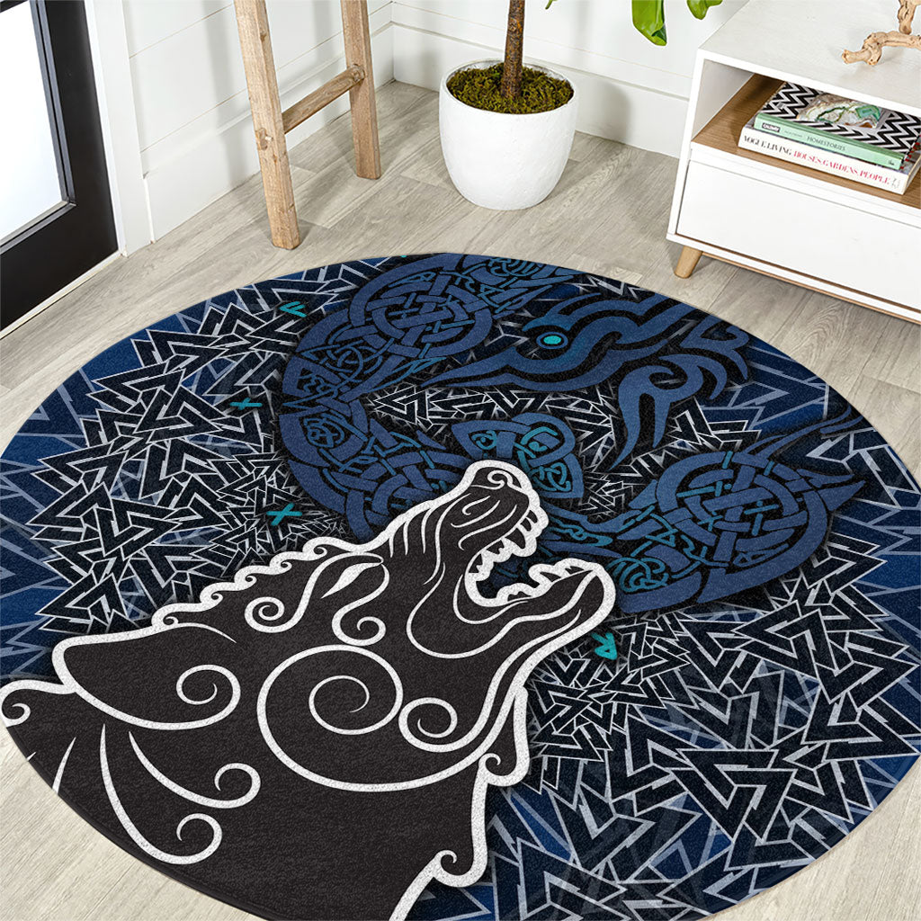 Viking Wolf and Valknut Round Carpet Nordic Knotwork Rune Illustration