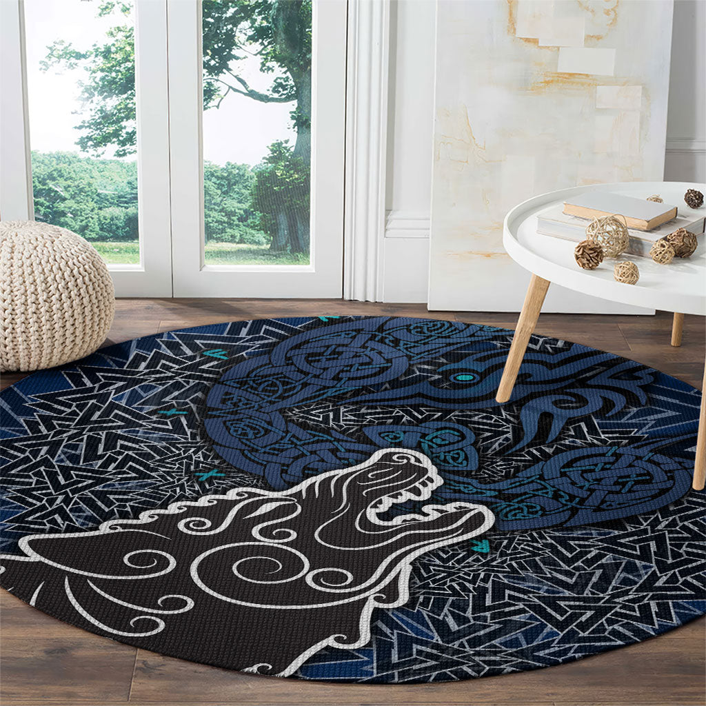 Viking Wolf and Valknut Round Carpet Nordic Knotwork Rune Illustration