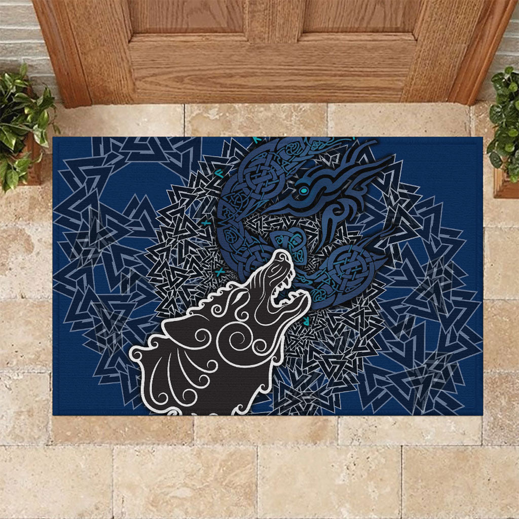 Viking Wolf and Valknut Rubber Doormat Nordic Knotwork Rune Illustration