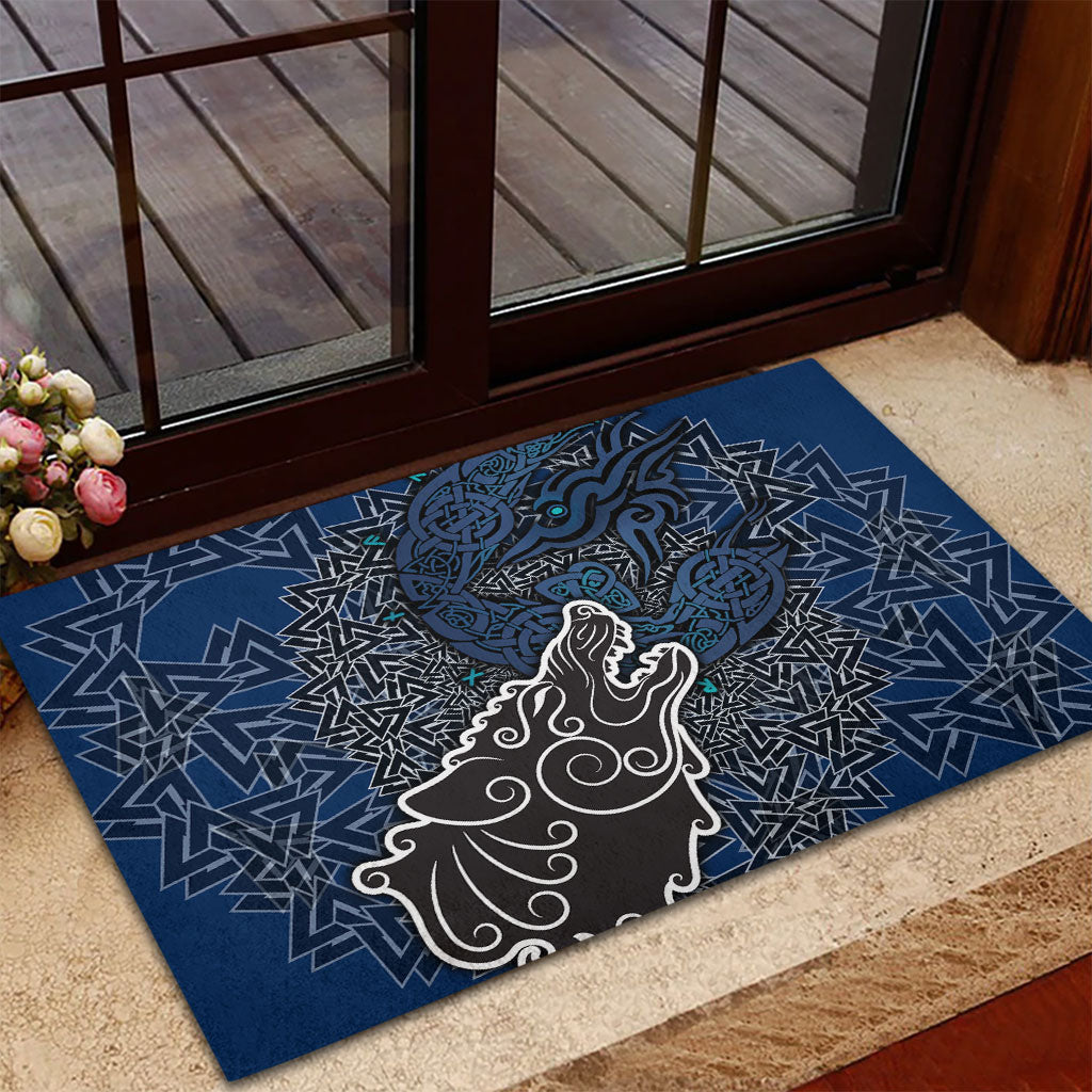 Viking Wolf and Valknut Rubber Doormat Nordic Knotwork Rune Illustration