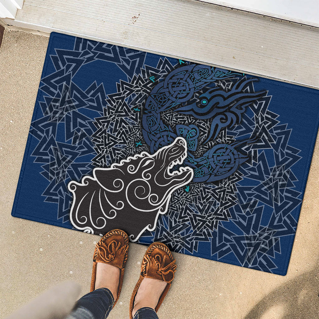 Viking Wolf and Valknut Rubber Doormat Nordic Knotwork Rune Illustration