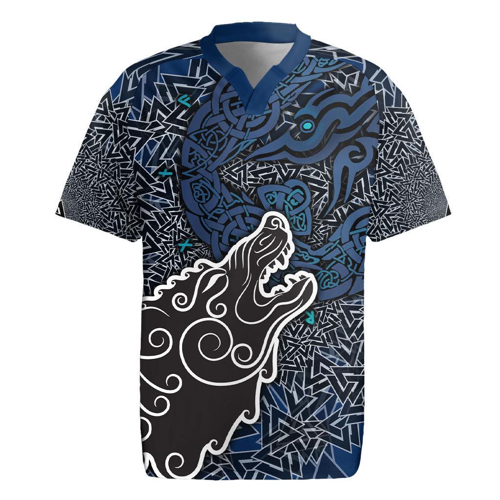 Viking Wolf and Valknut Rugby Jersey Nordic Knotwork Rune Illustration
