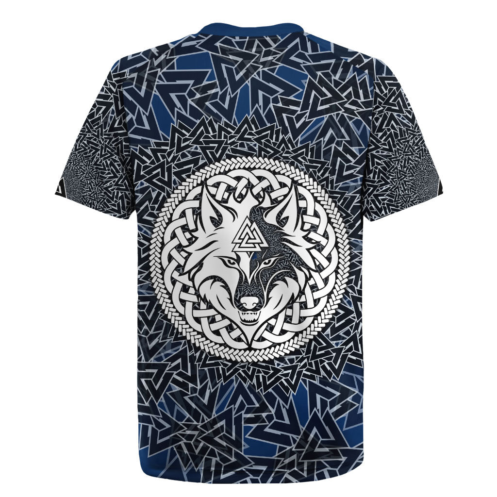 Viking Wolf and Valknut Rugby Jersey Nordic Knotwork Rune Illustration