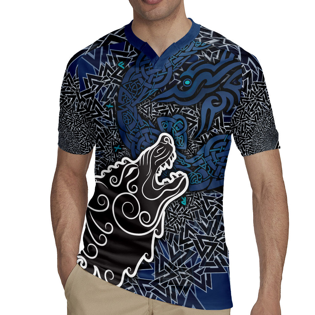 Viking Wolf and Valknut Rugby Jersey Nordic Knotwork Rune Illustration