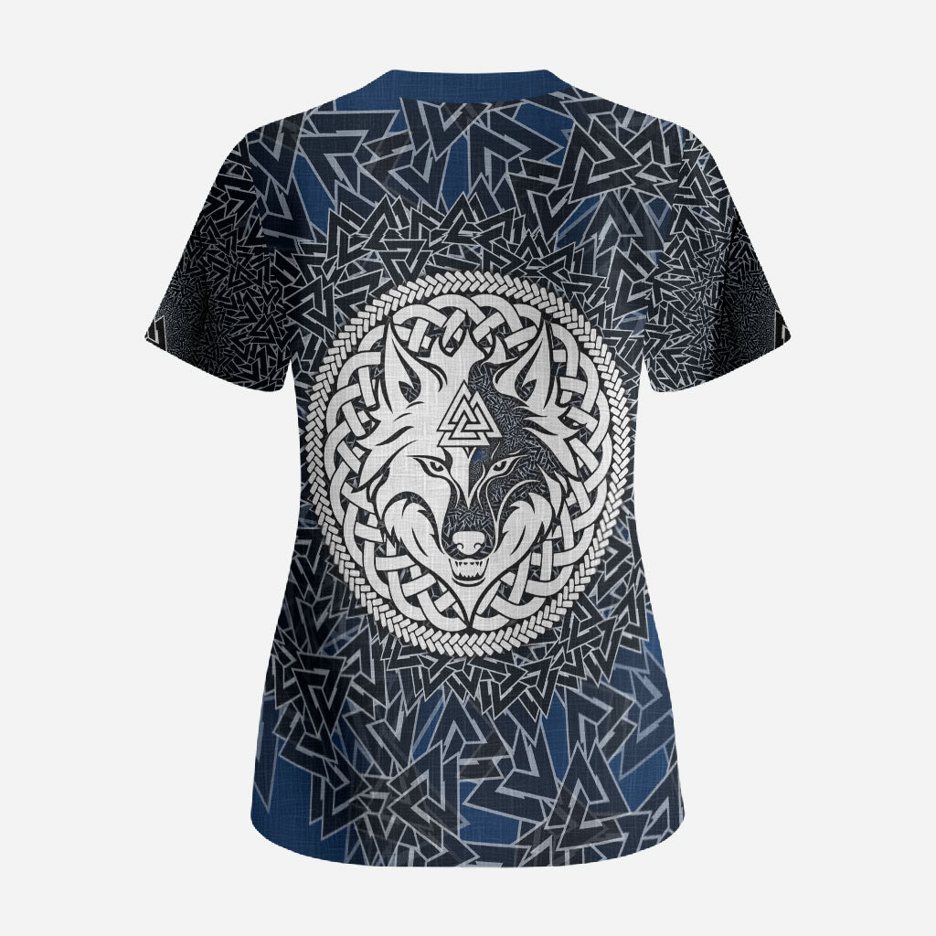Viking Wolf and Valknut Scrub Top Nordic Knotwork Rune Illustration