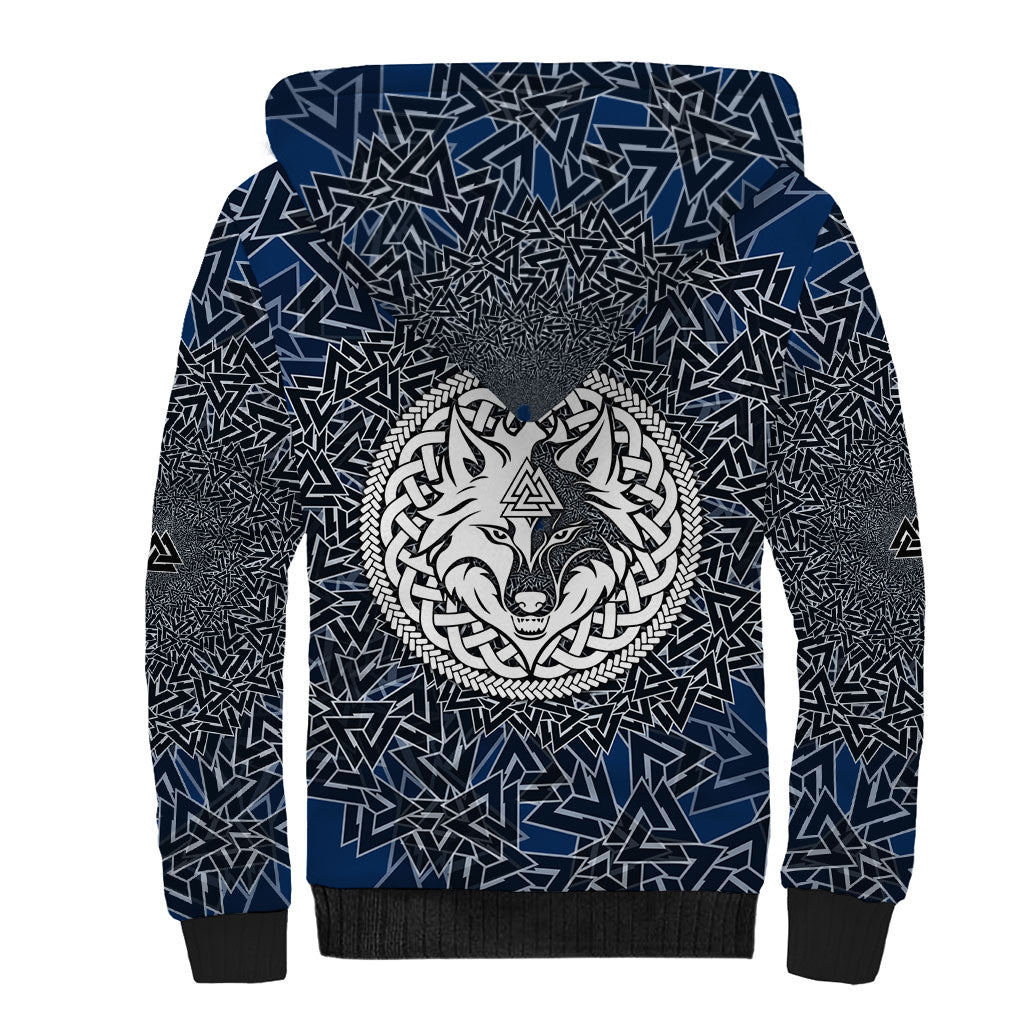 Viking Wolf and Valknut Sherpa Hoodie Nordic Knotwork Rune Illustration