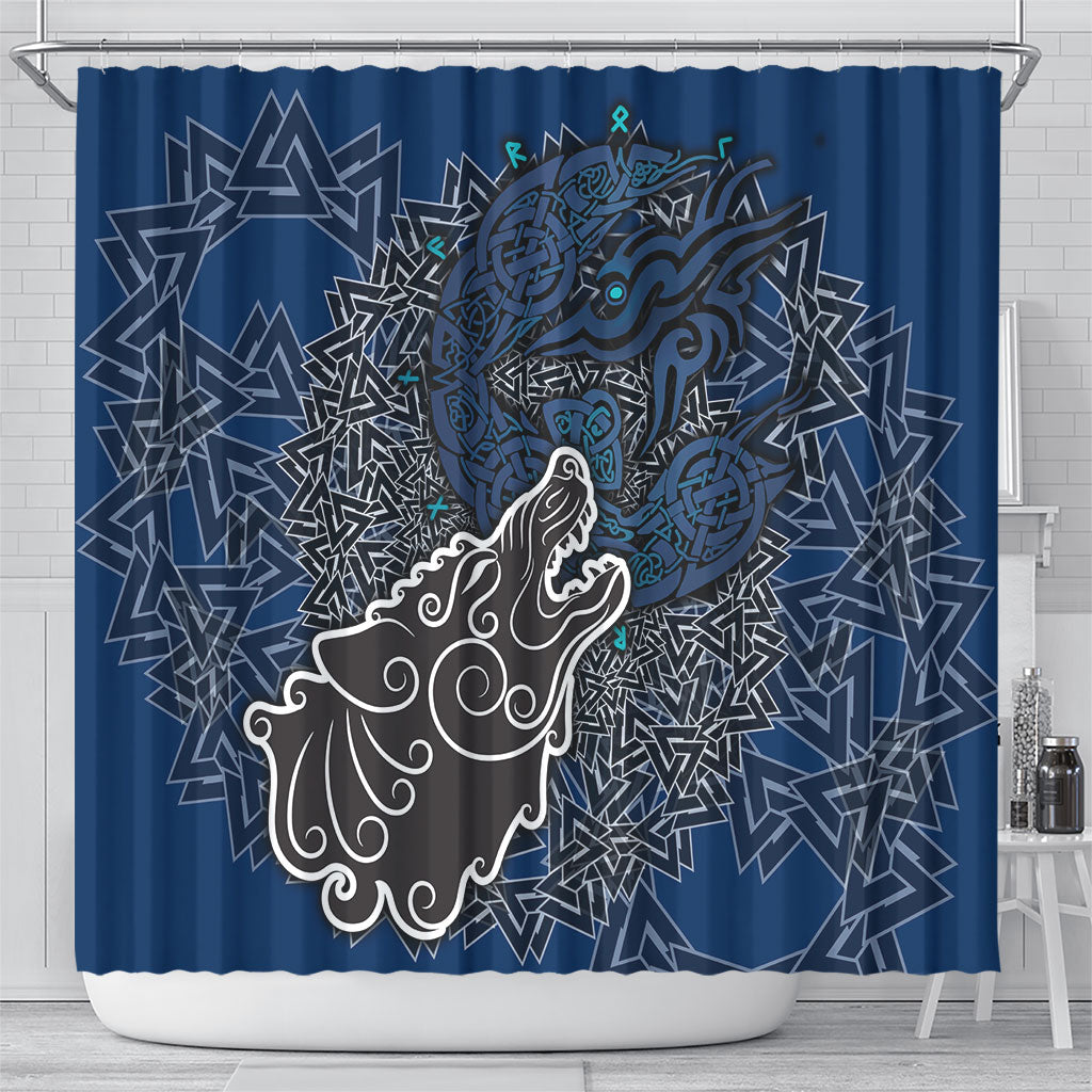 Viking Wolf and Valknut Shower Curtain Nordic Knotwork Rune Illustration