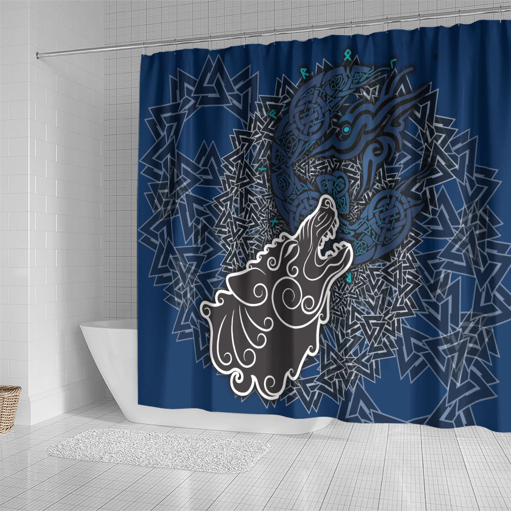 Viking Wolf and Valknut Shower Curtain Nordic Knotwork Rune Illustration