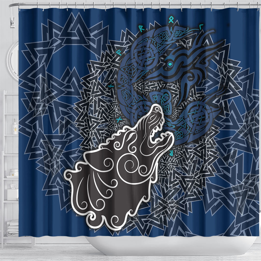 Viking Wolf and Valknut Shower Curtain Nordic Knotwork Rune Illustration