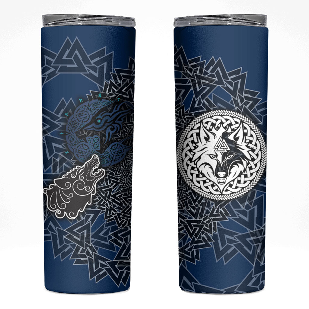 Viking Wolf and Valknut Skinny Tumbler Nordic Knotwork Rune Illustration