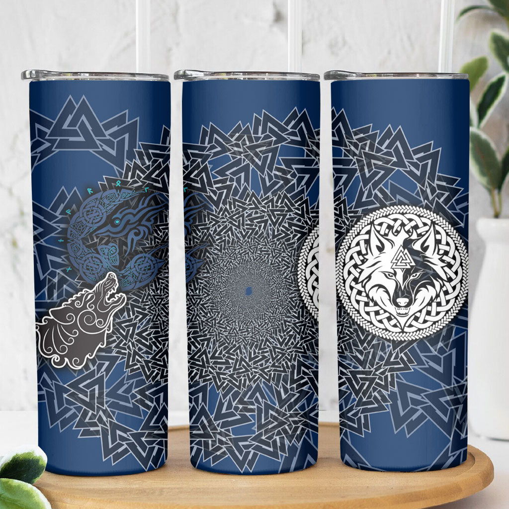 Viking Wolf and Valknut Skinny Tumbler Nordic Knotwork Rune Illustration