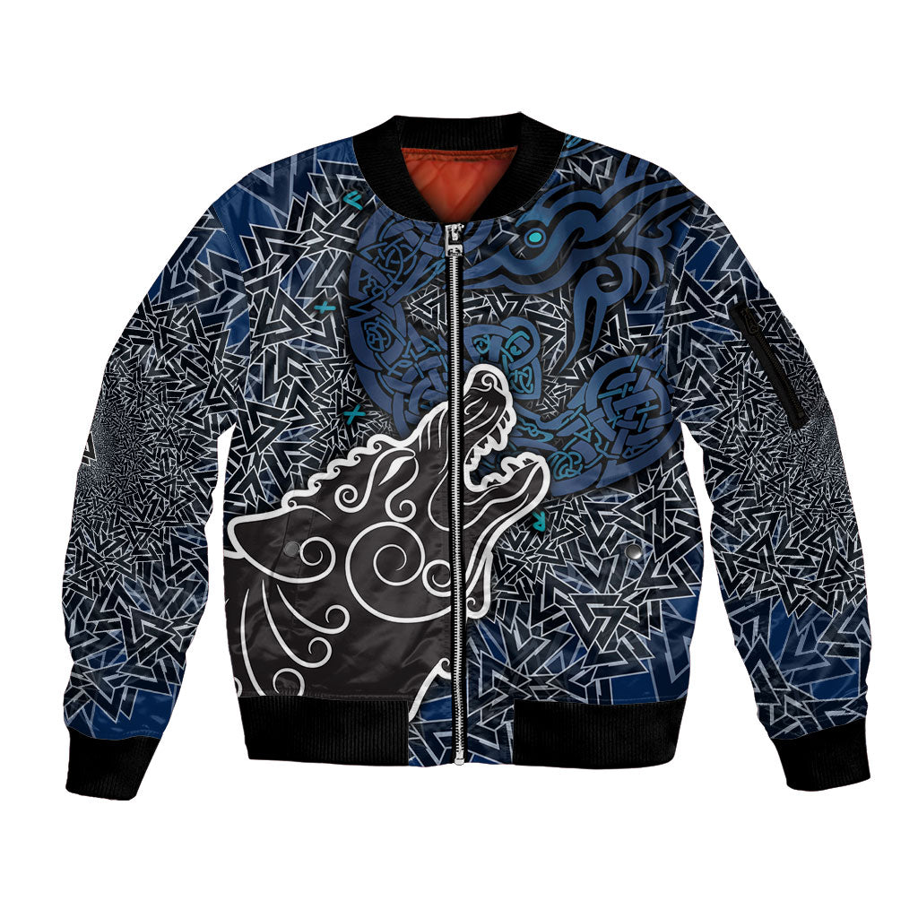 Viking Wolf and Valknut Sleeve Zip Bomber Jacket Nordic Knotwork Rune Illustration