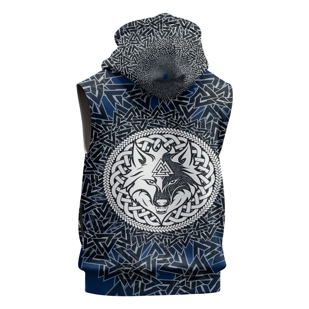 Viking Wolf and Valknut Sleeveless Hoodie Nordic Knotwork Rune Illustration