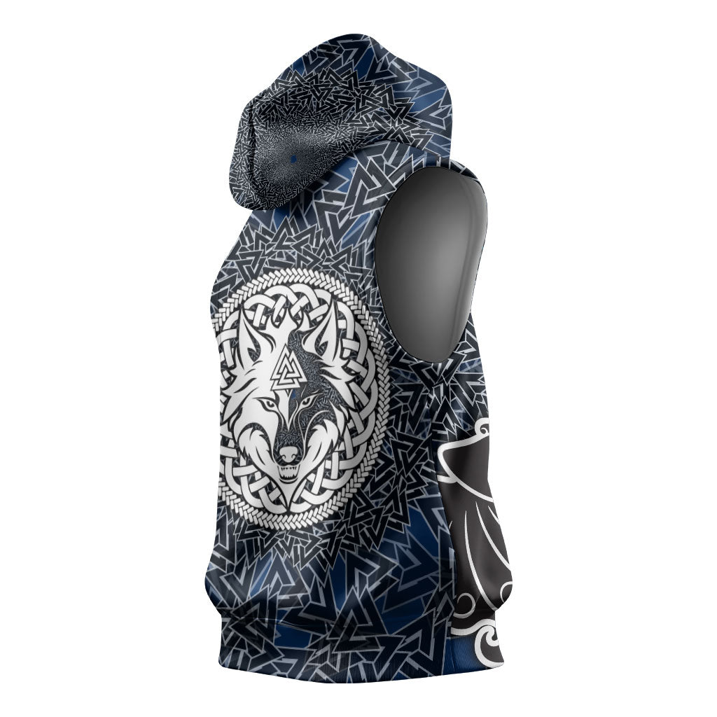 Viking Wolf and Valknut Sleeveless Hoodie Nordic Knotwork Rune Illustration