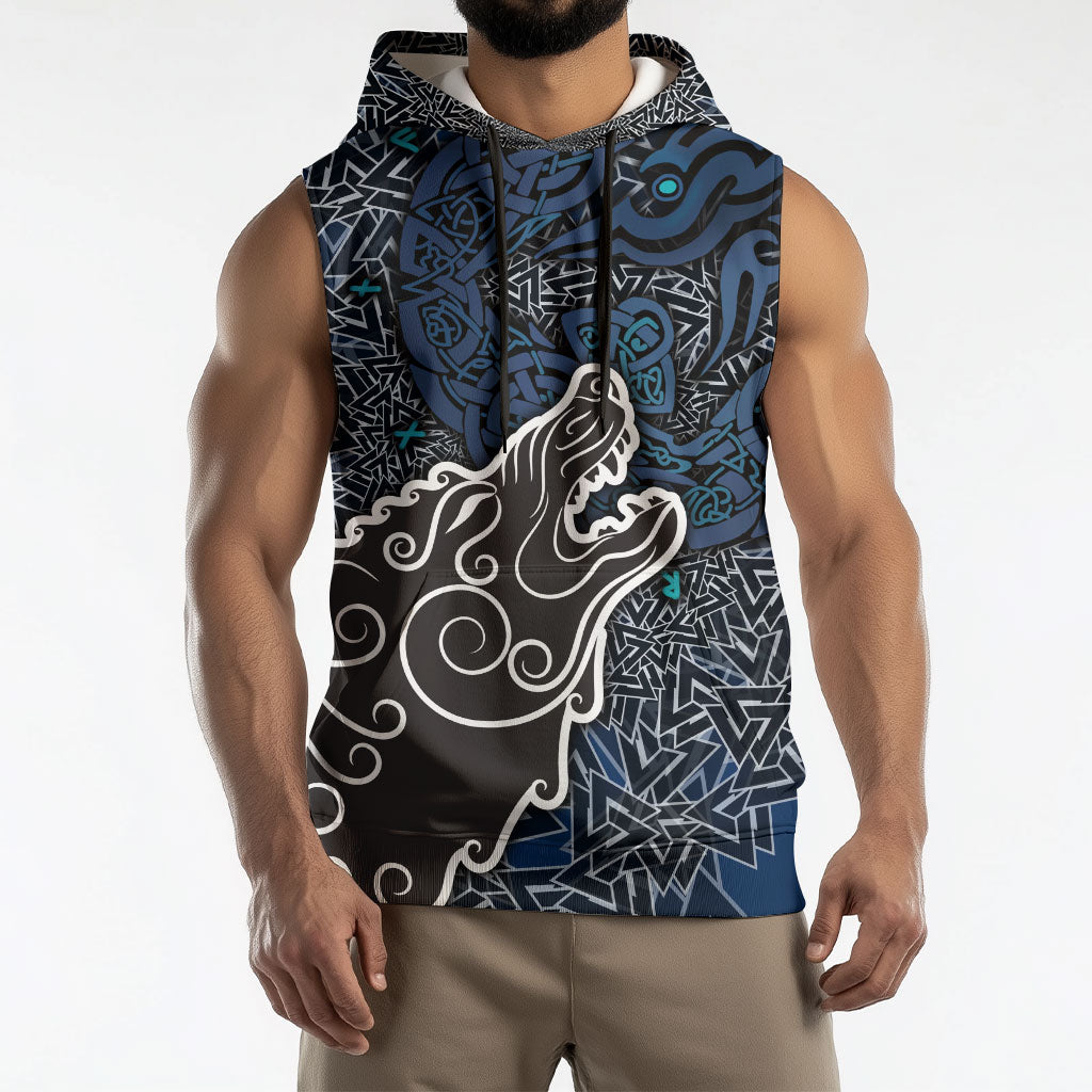 Viking Wolf and Valknut Sleeveless Hoodie Nordic Knotwork Rune Illustration
