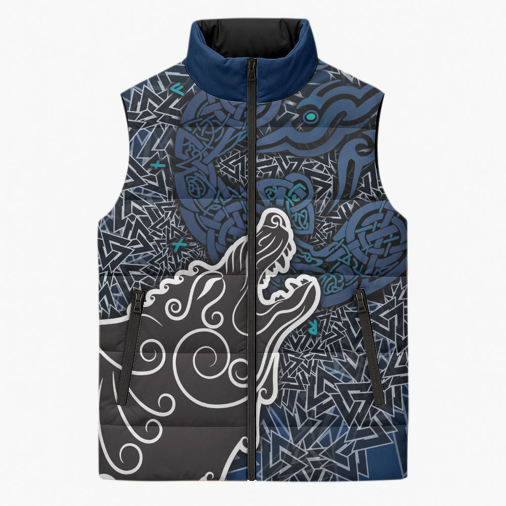 Viking Wolf and Valknut Sleeveless Puffer Jacket Nordic Knotwork Rune Illustration