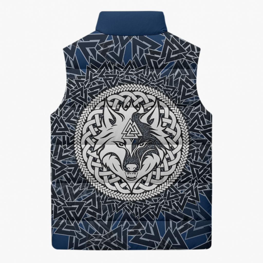 Viking Wolf and Valknut Sleeveless Puffer Jacket Nordic Knotwork Rune Illustration