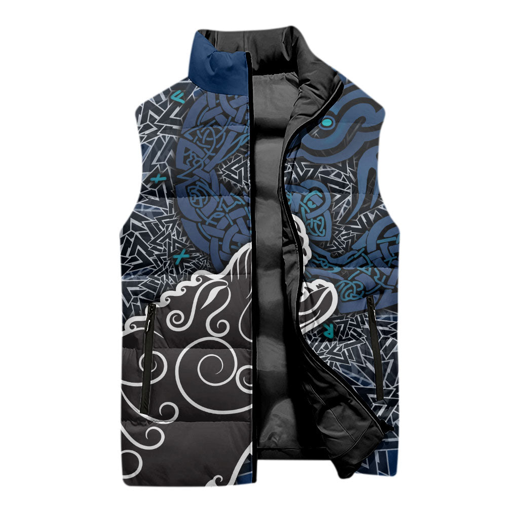 Viking Wolf and Valknut Sleeveless Puffer Jacket Nordic Knotwork Rune Illustration