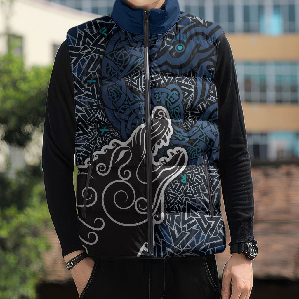 Viking Wolf and Valknut Sleeveless Puffer Jacket Nordic Knotwork Rune Illustration