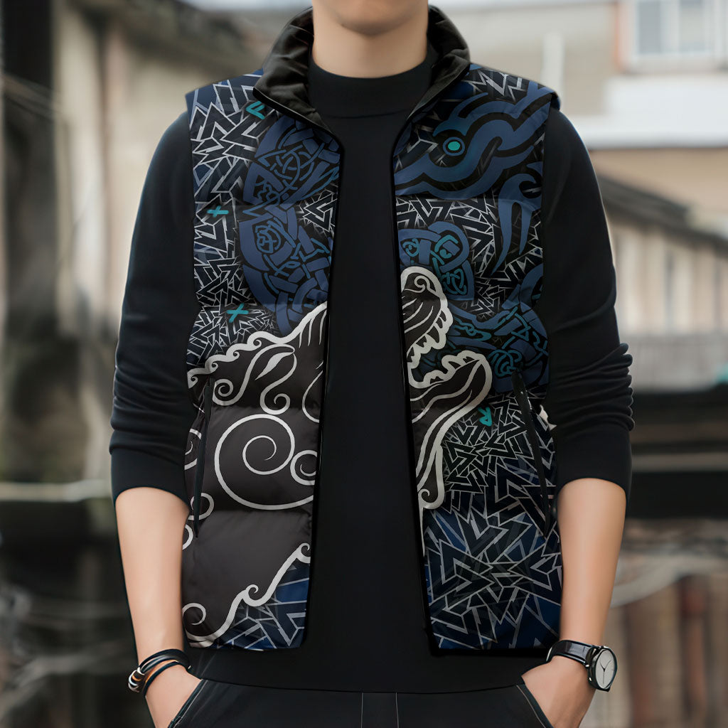 Viking Wolf and Valknut Sleeveless Puffer Jacket Nordic Knotwork Rune Illustration