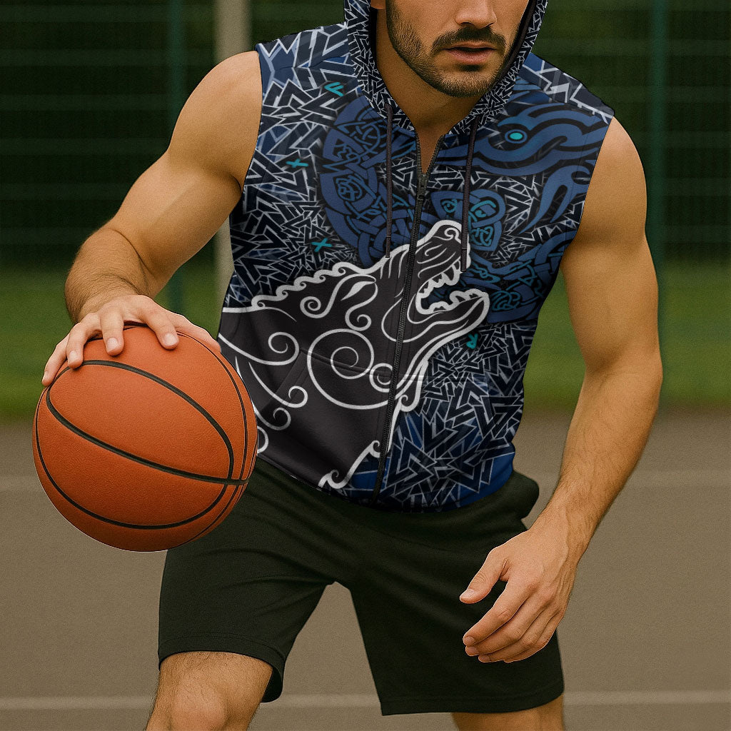 Viking Wolf and Valknut Sleeveless Zip Hoodie Nordic Knotwork Rune Illustration