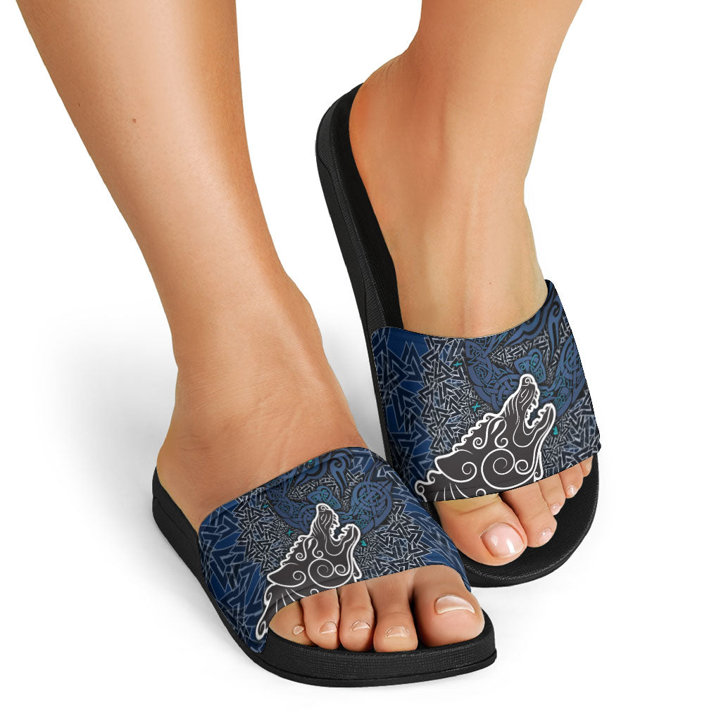 Viking Wolf and Valknut Slide Sandals Nordic Knotwork Rune Illustration
