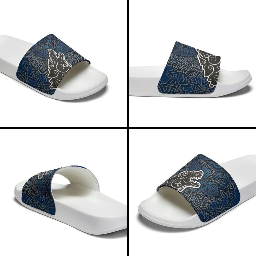 Viking Wolf and Valknut Slide Sandals Nordic Knotwork Rune Illustration